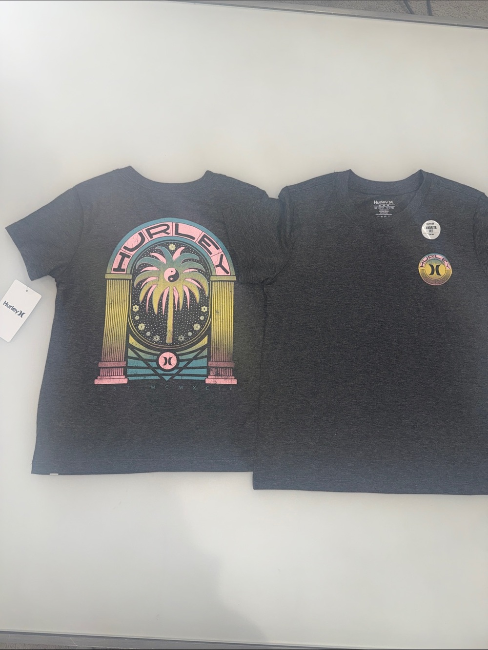 Hurley Dark Gray Tee with Pastel Palm Arch Graphic